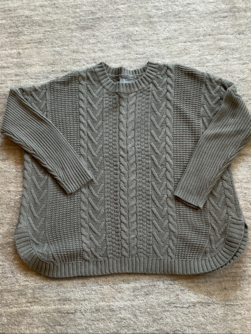 Natural Reflections Chunky Cable Knit Crewneck Sweater - Loden green